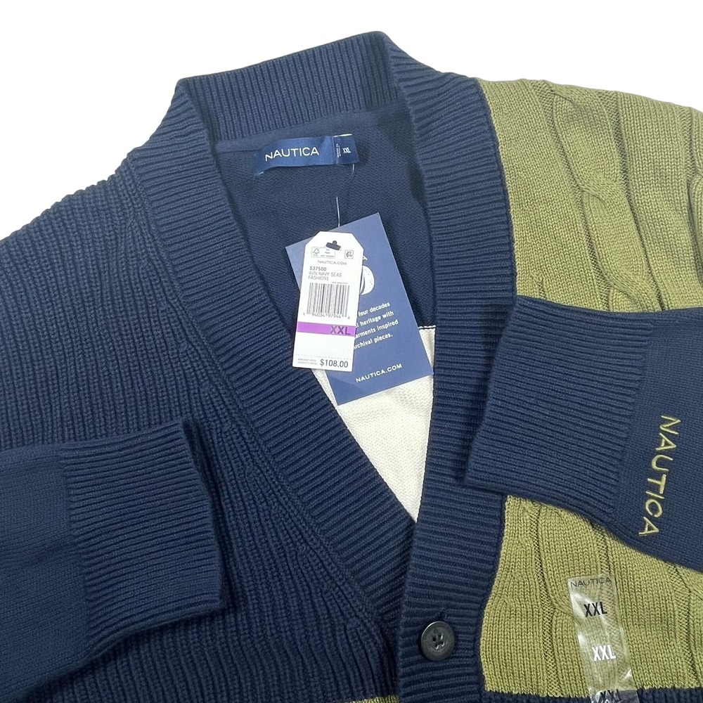 Nautica 1983 Textured Colorblock Cardigan Sweater Mens XXL Navy Blue Olive